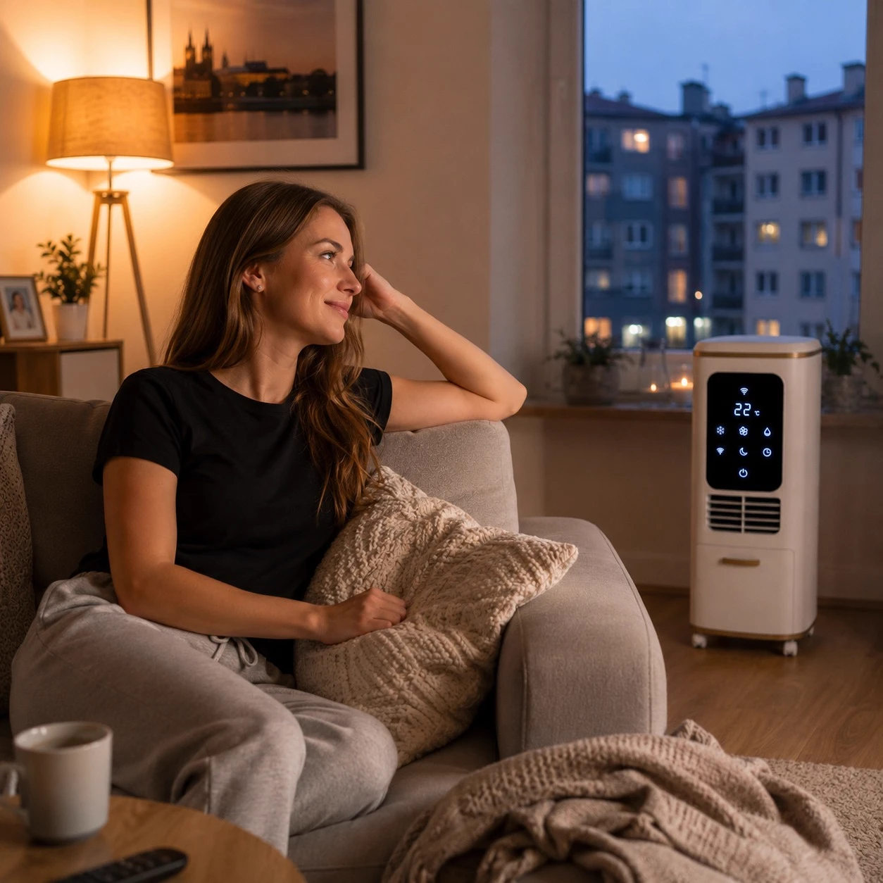 Žena odpočívající na gauči v obývacím pokoji, ArcticBreeze XXL zapnutý na pozadí