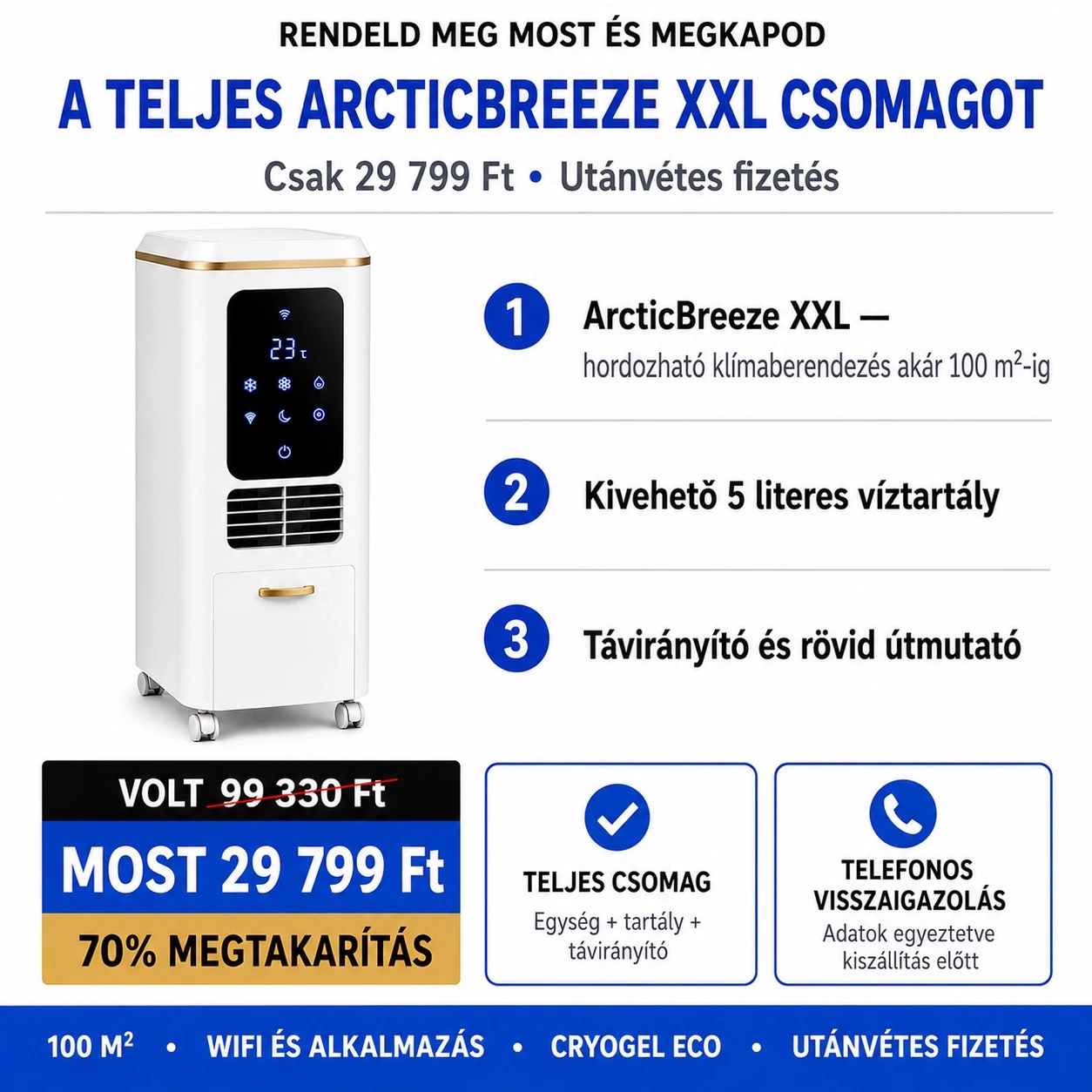 A teljes ArcticBreeze XXL csomag: fő egység, kivehető tartály és rövid útmutató, 29 799 Ft utánvétes fizetéssel