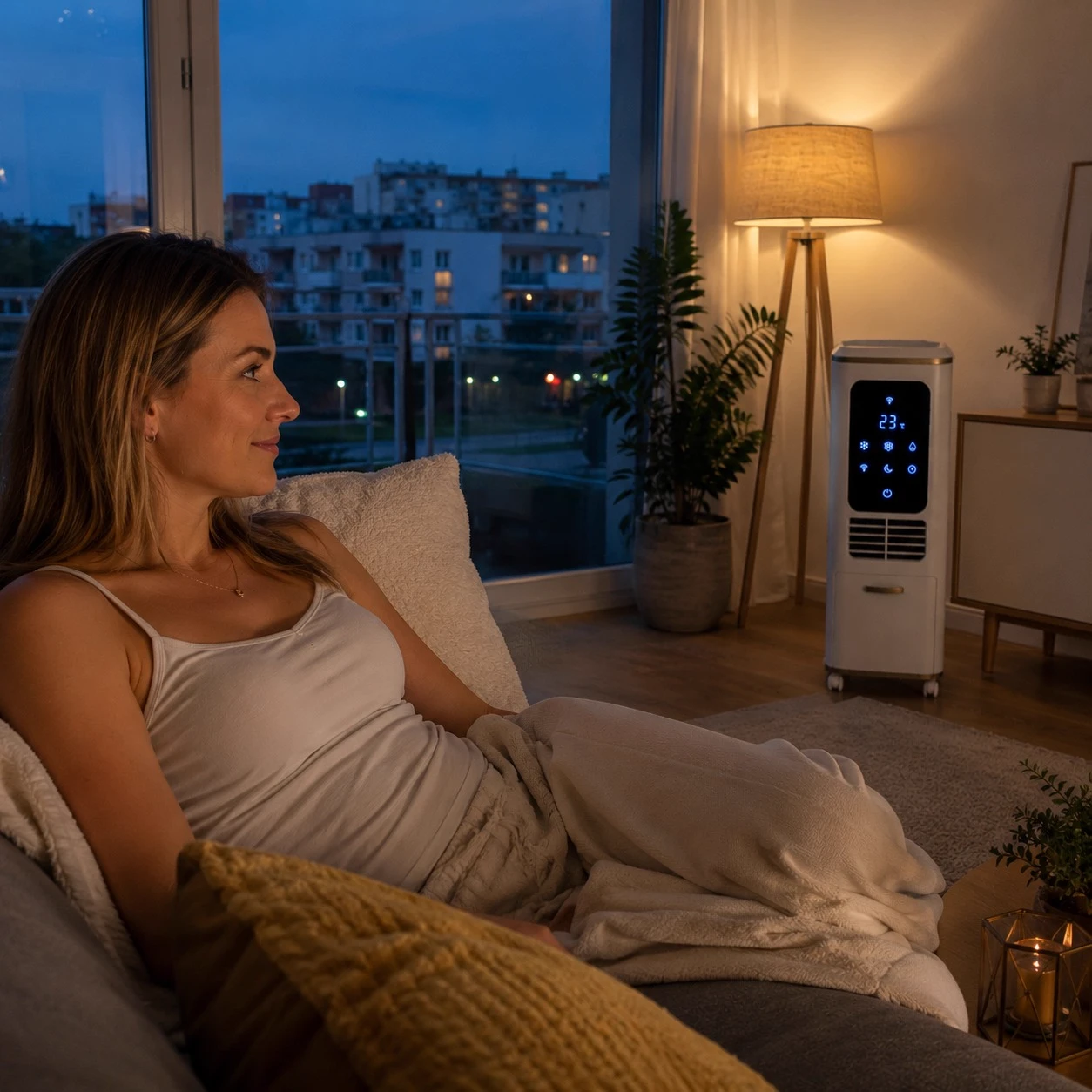 Nő pihen a kanapén a nappaliban, ArcticBreeze XXL bekapcsolva a háttérben