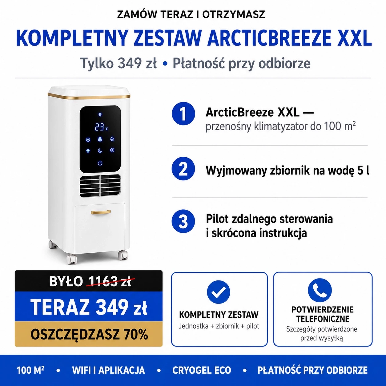 Kompletny zestaw ArcticBreeze XXL: jednostka główna, wyjmowany zbiornik i skrócona instrukcja, 349 zł z płatnością przy odbiorze