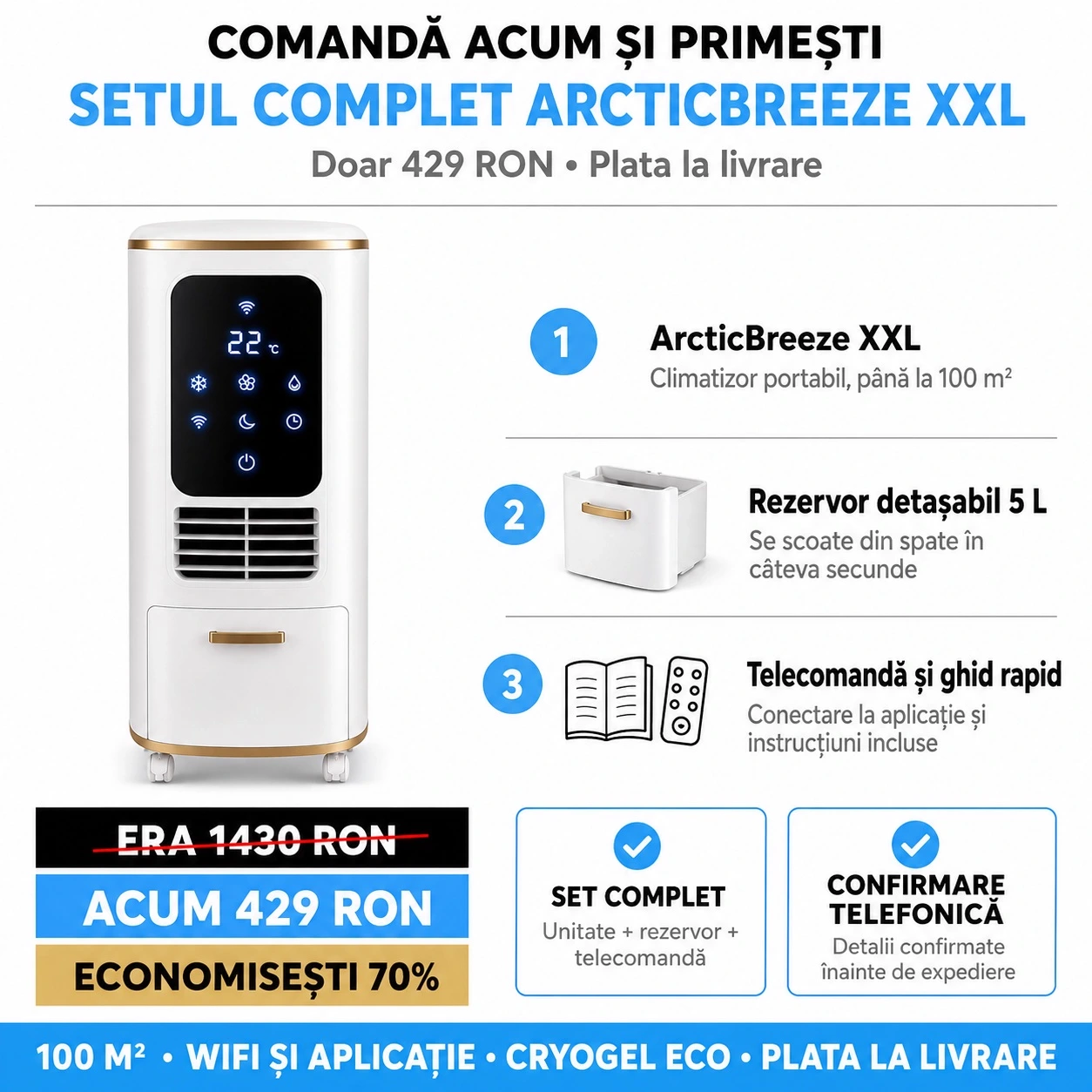 Setul complet ArcticBreeze XXL: unitate principală, rezervor detașabil și ghid rapid, 429 RON cu plata la livrare