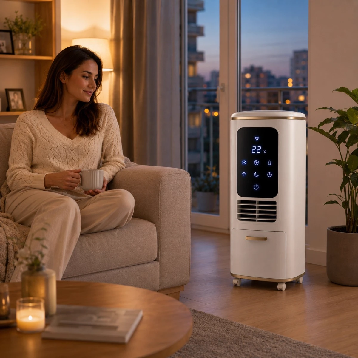 Femeie relaxată pe canapea în living, ArcticBreeze XXL pornit în fundal