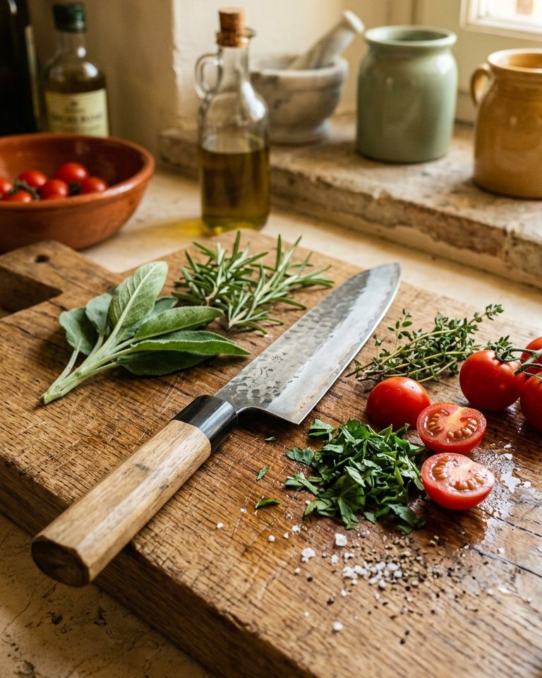 Coltello dello chef 20 cm in acciaio giapponese su tagliere