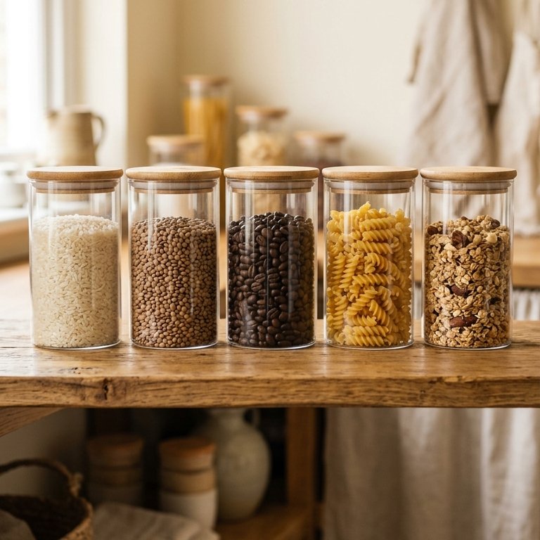 Set di contenitori ermetici in vetro con pasta e cereali in dispensa