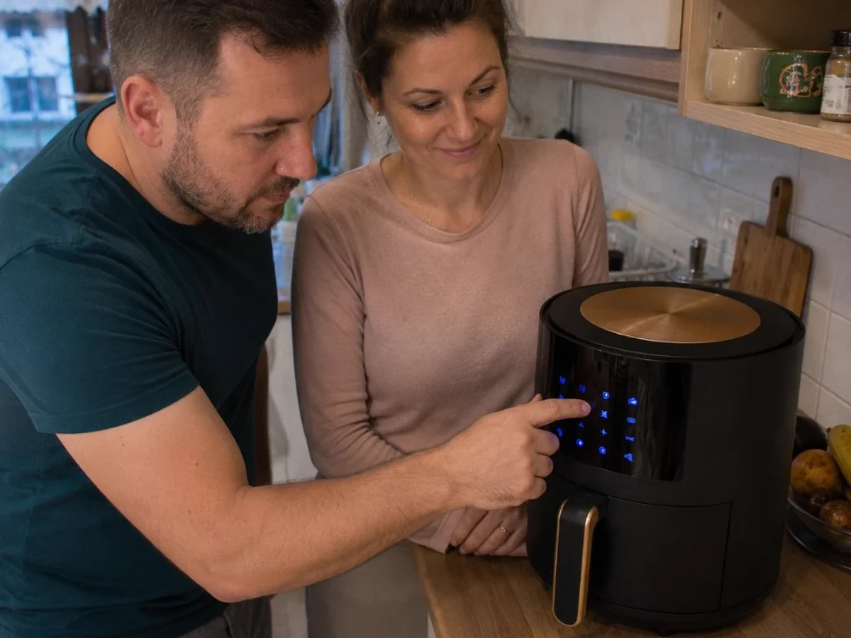 Crispora XXL sedí na tmavě zelené kuchyňské lince