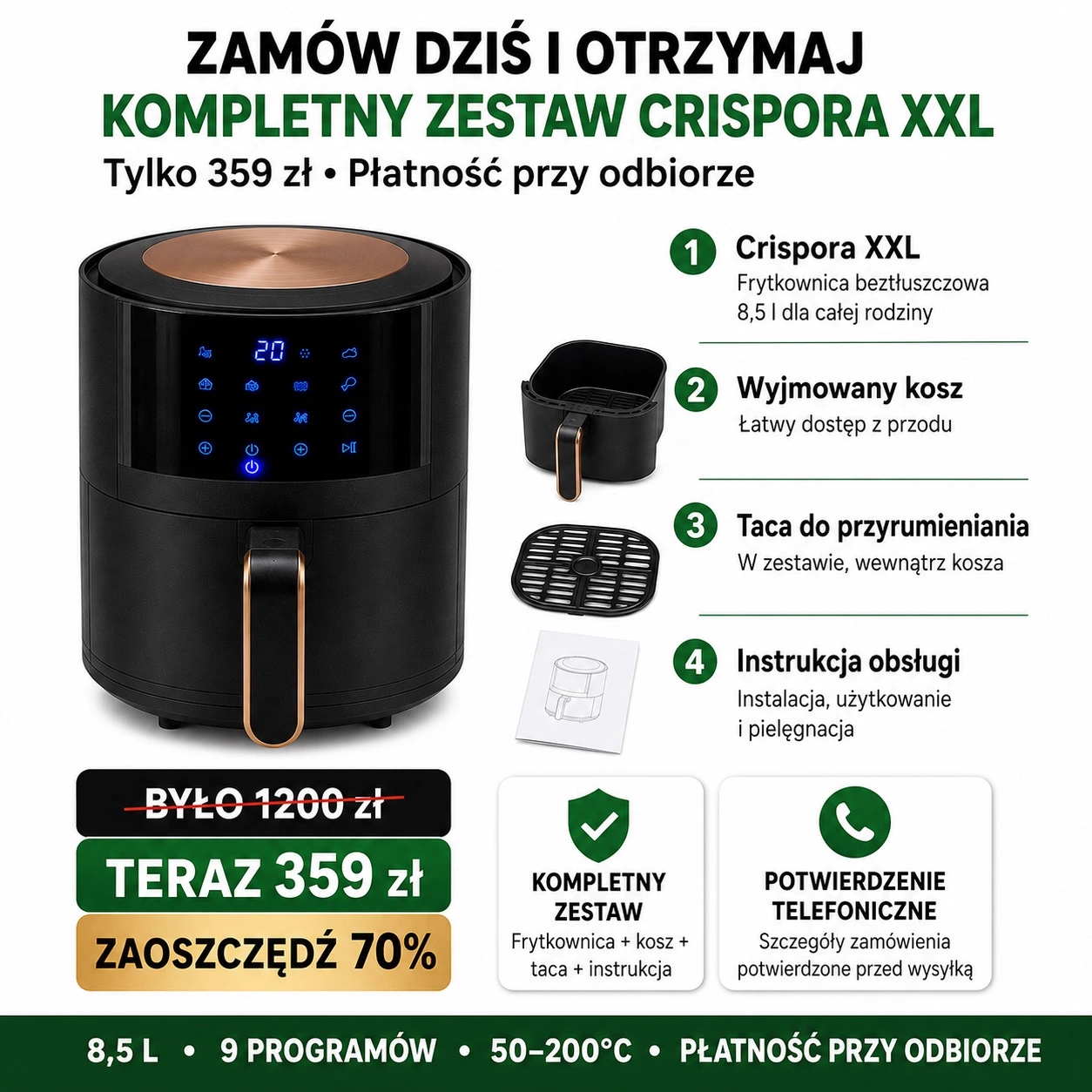 Kompletny zestaw Crispora XXL: frytkownica, wyjmowany kosz, taca do przyrumieniania, instrukcja obsługi, cena 359 zł i płatność przy odbiorze