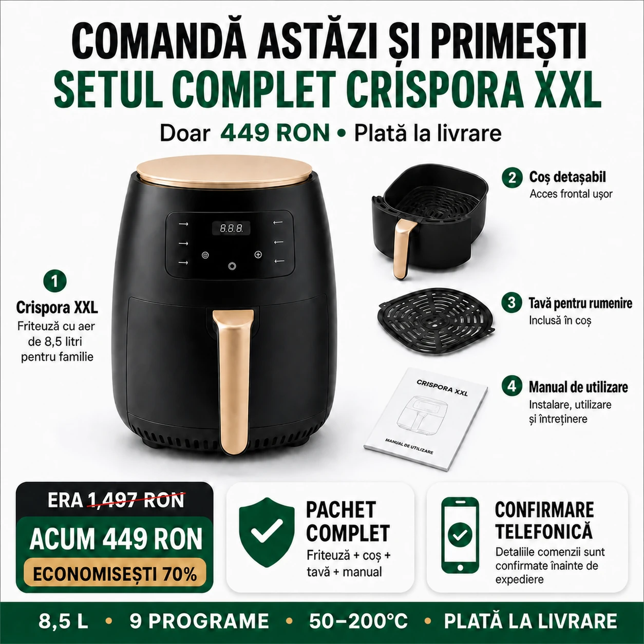 Set complet Crispora XXL cu friteuza cu aer, coș detașabil, tavă pentru rumenire, manual de utilizare, pret 449 RON si detalii plata la livrare