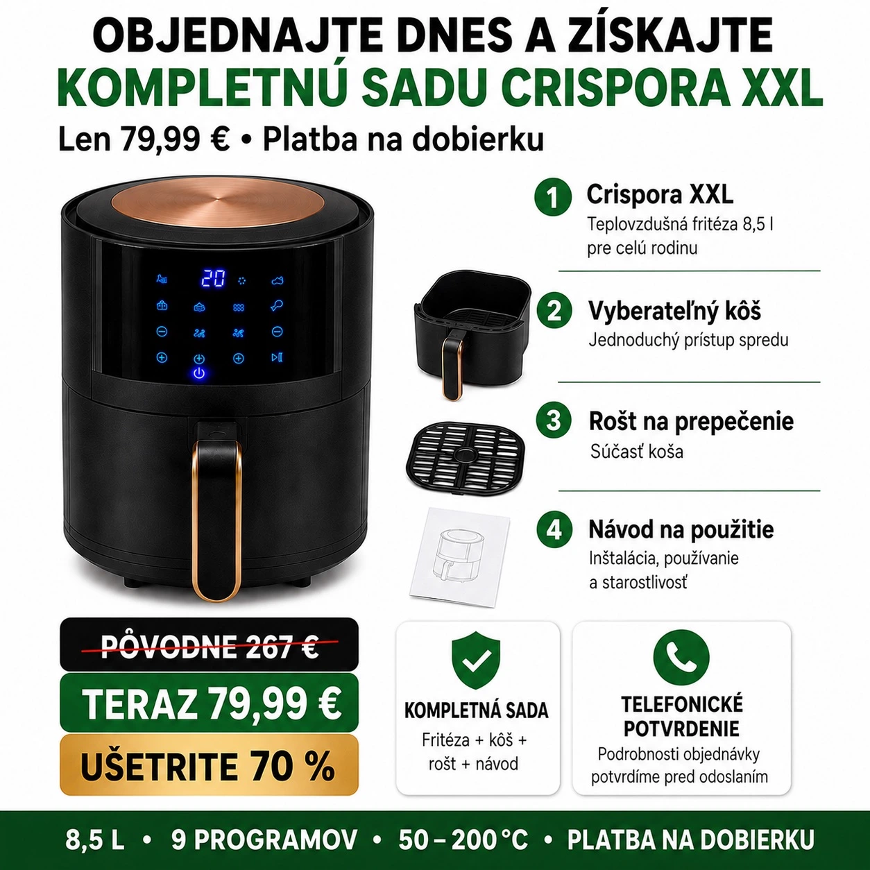 Kompletná sada Crispora XXL: fritéza, vyberateľný kôš, rošt na prepečenie, návod na použitie, cena 79,99 € a platba na dobierku