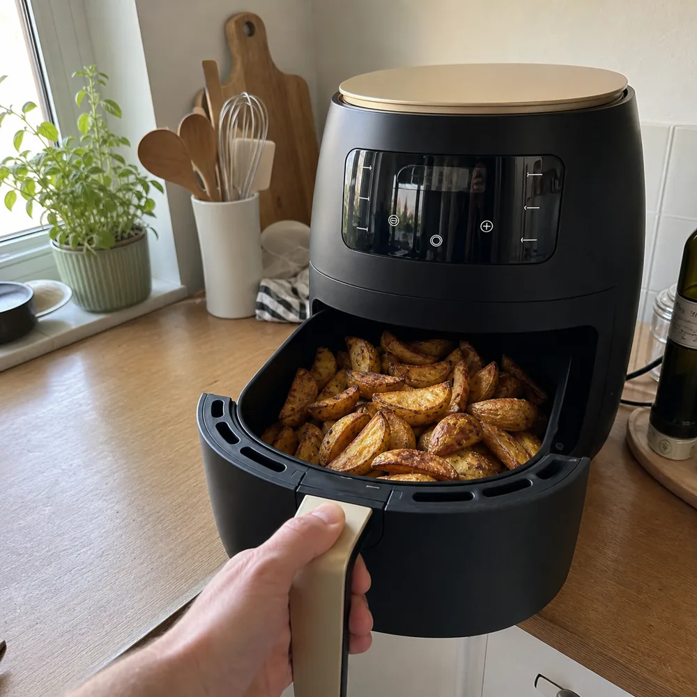 Spicchi di patate dorati nel cestello aperto di Crispora XXL