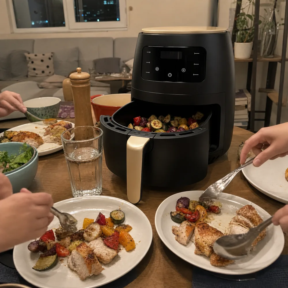 Crispora XXL con pollo e verdure serviti a un tavolo di famiglia
