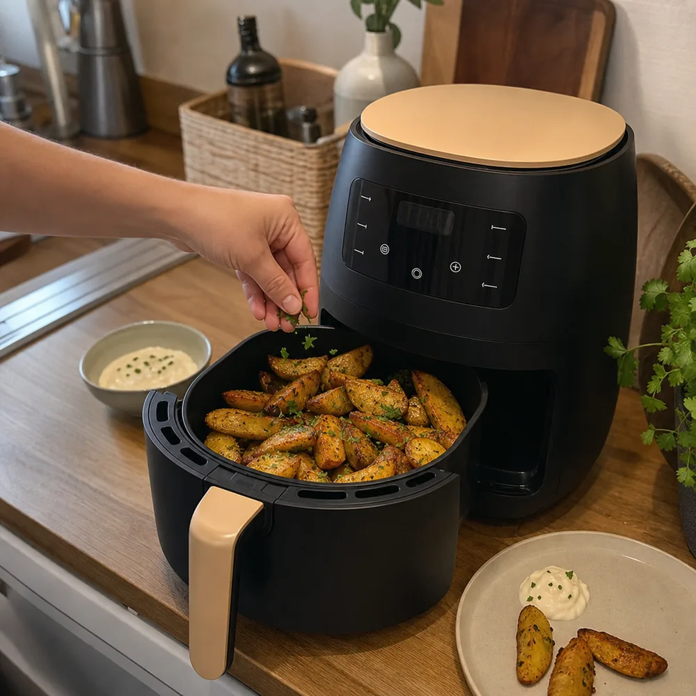 Erbe aromatiche aggiunte alle patate cotte con Crispora XXL