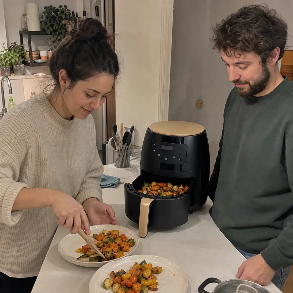 Una coppia serve verdure arrosto preparate con Crispora XXL
