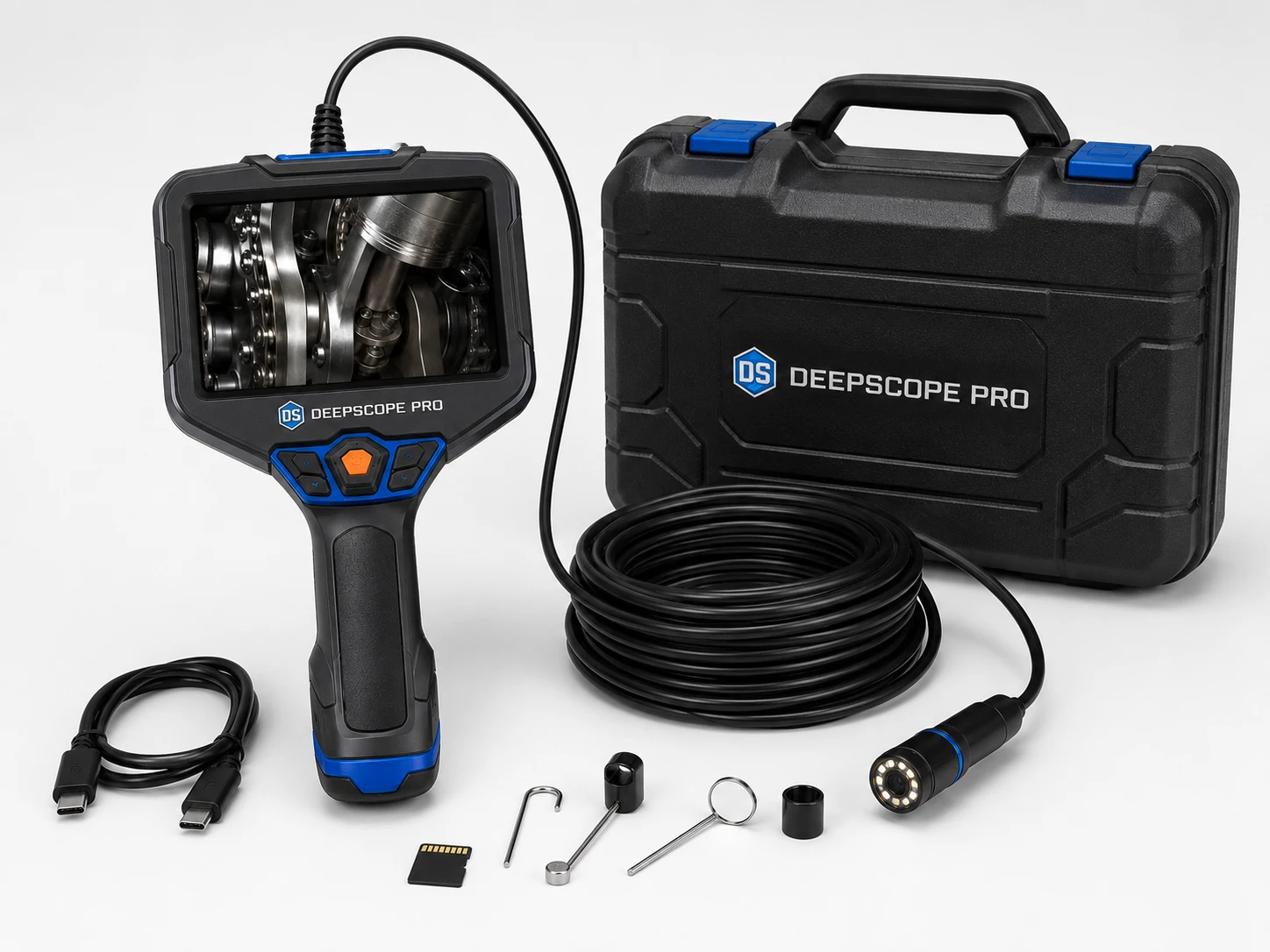 DeepScope Pro z urządzeniem, sondą ciągłą, obudową i akcesoriami