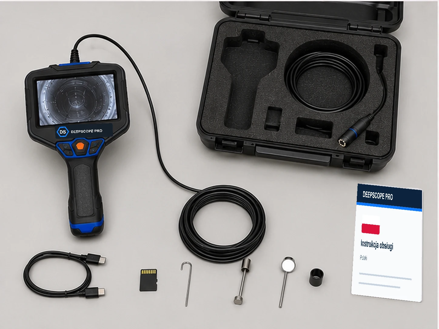 Kompletna oferta DeepScope Pro z urządzeniem, sondą, obudową, pamięcią i akcesoriami, 259 zł z płatnością przy odbiorze