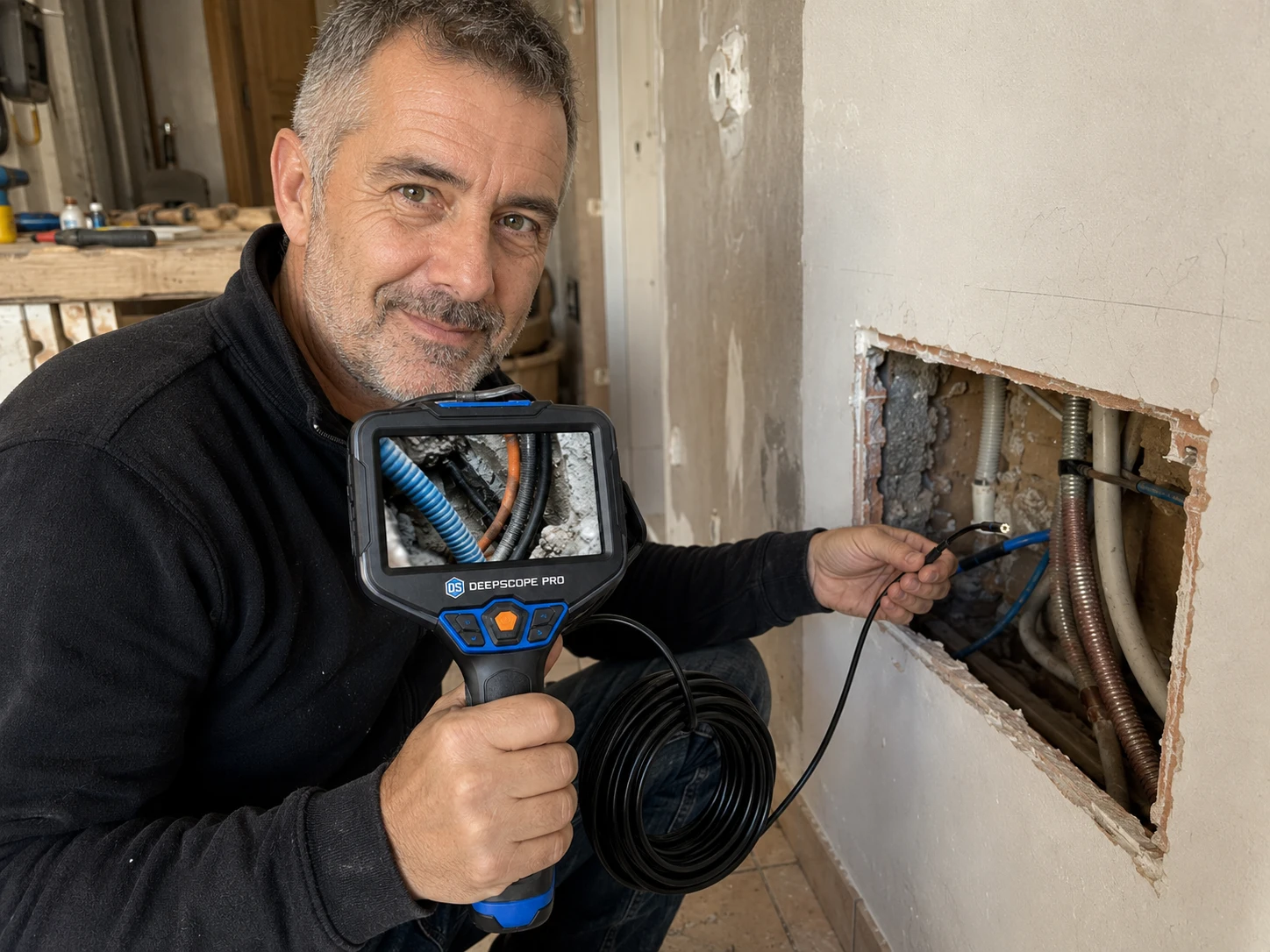 Klient sprawdza wnękę w ścianie za pomocą DeepScope Pro