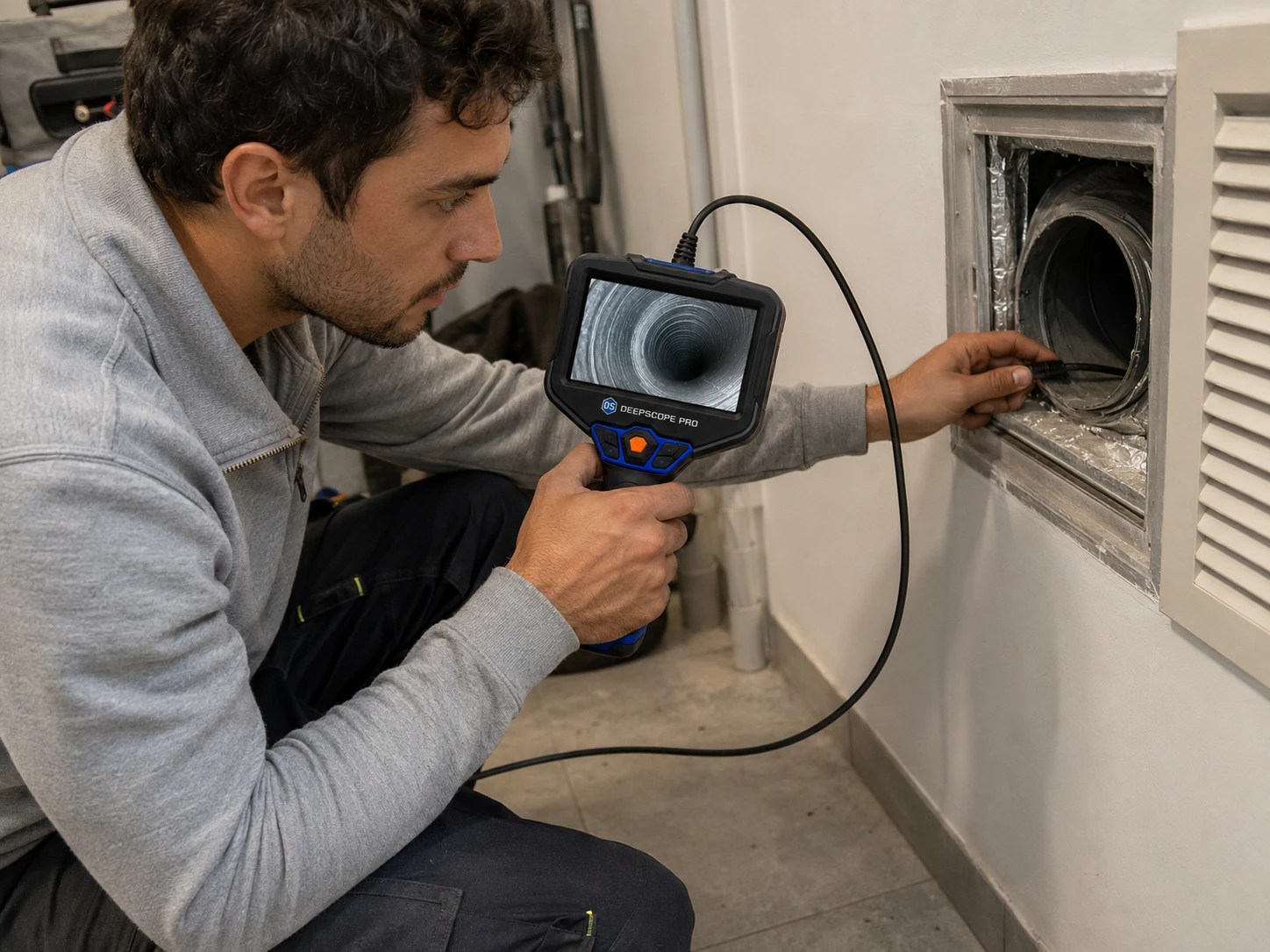 Technik sprawdza kanał wentylacyjny za pomocą DeepScope Pro