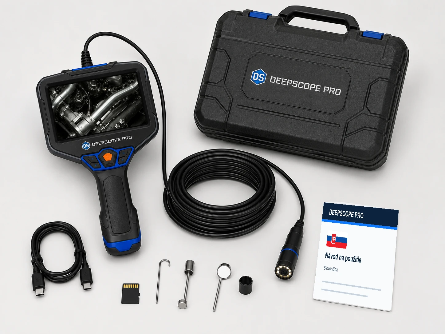 Kompletný obsah DeepScope Pro so zariadením, sondou, puzdrom a príslušenstvom
