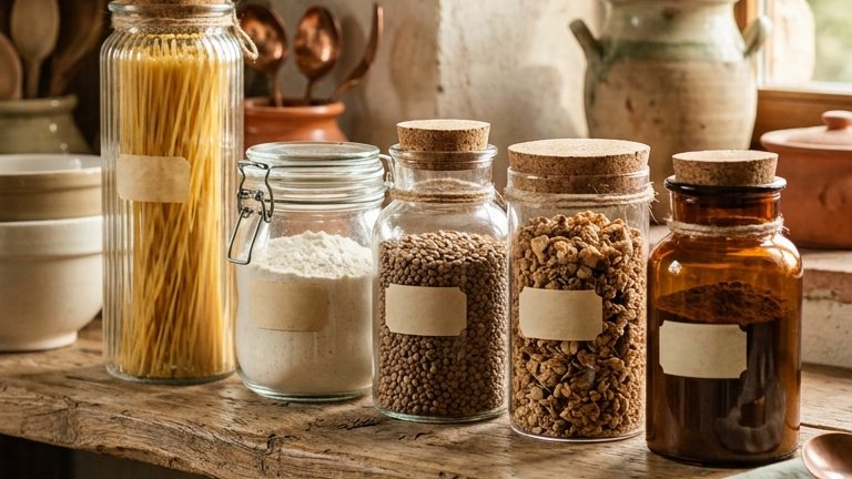 Dispensa organizzata con contenitori etichettati per pasta, farina e legumi