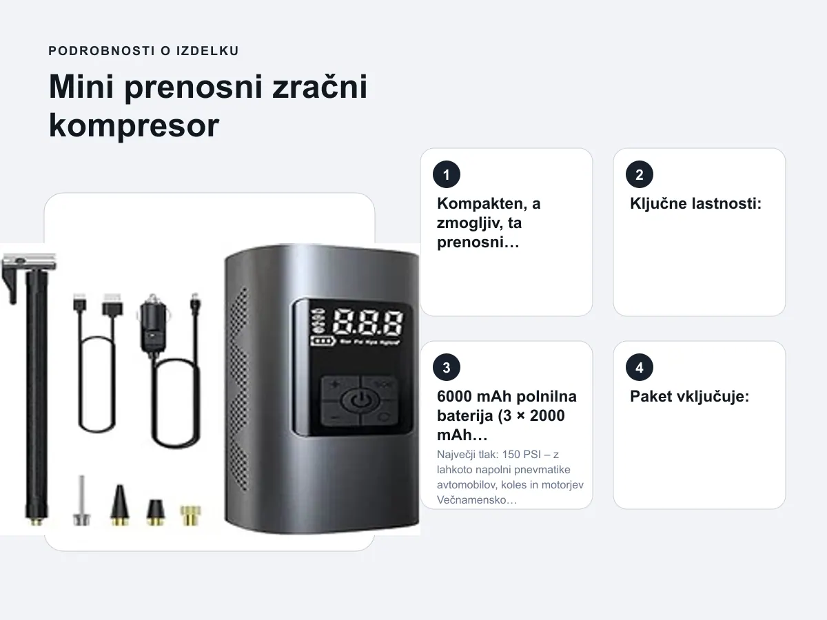 Podrobnosti o izdelku: Mini prenosni zračni kompresor