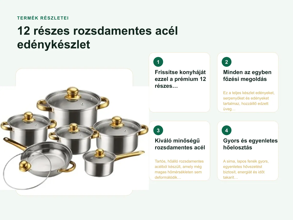 Termék részletei: 12 részes rozsdamentes acél edénykészlet