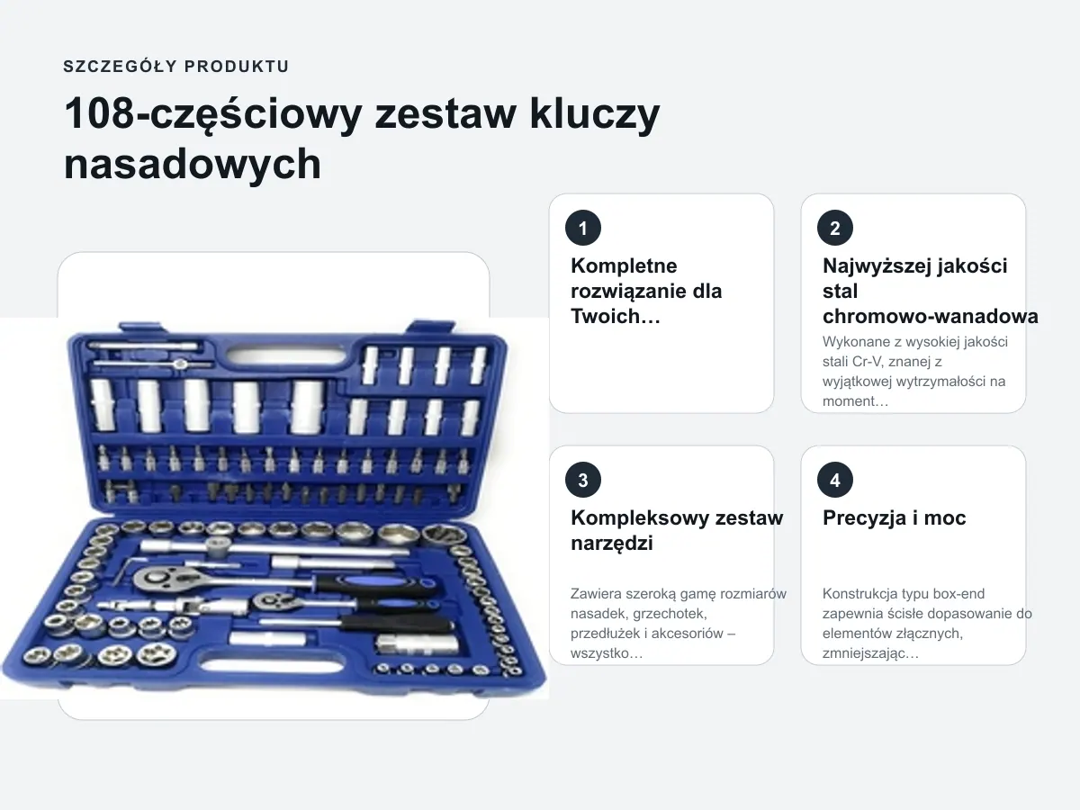 Szczegóły produktu: 108-częściowy zestaw kluczy nasadowych