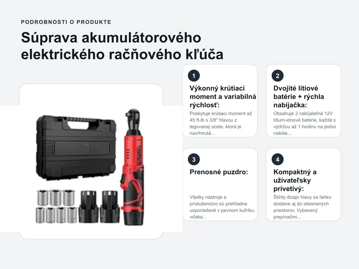 Podrobnosti o produkte: Súprava akumulátorového elektrického račňového kľúča