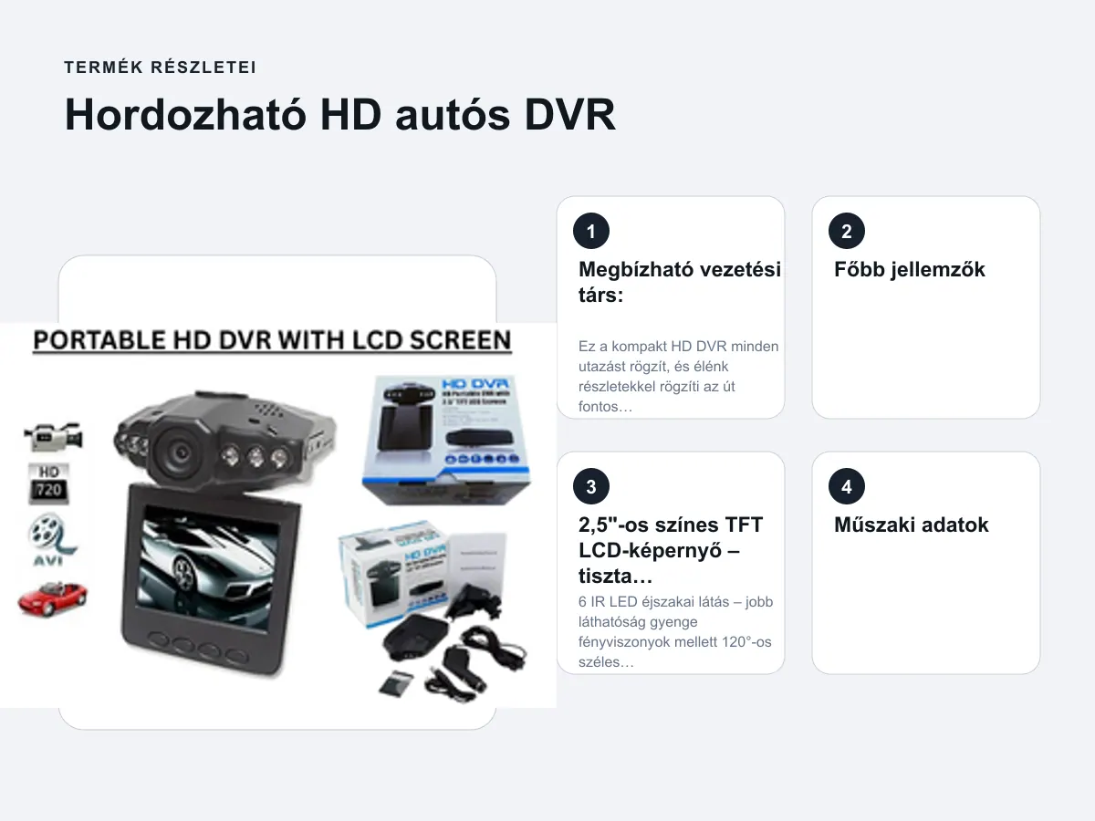 Termék részletei: Hordozható HD autós DVR