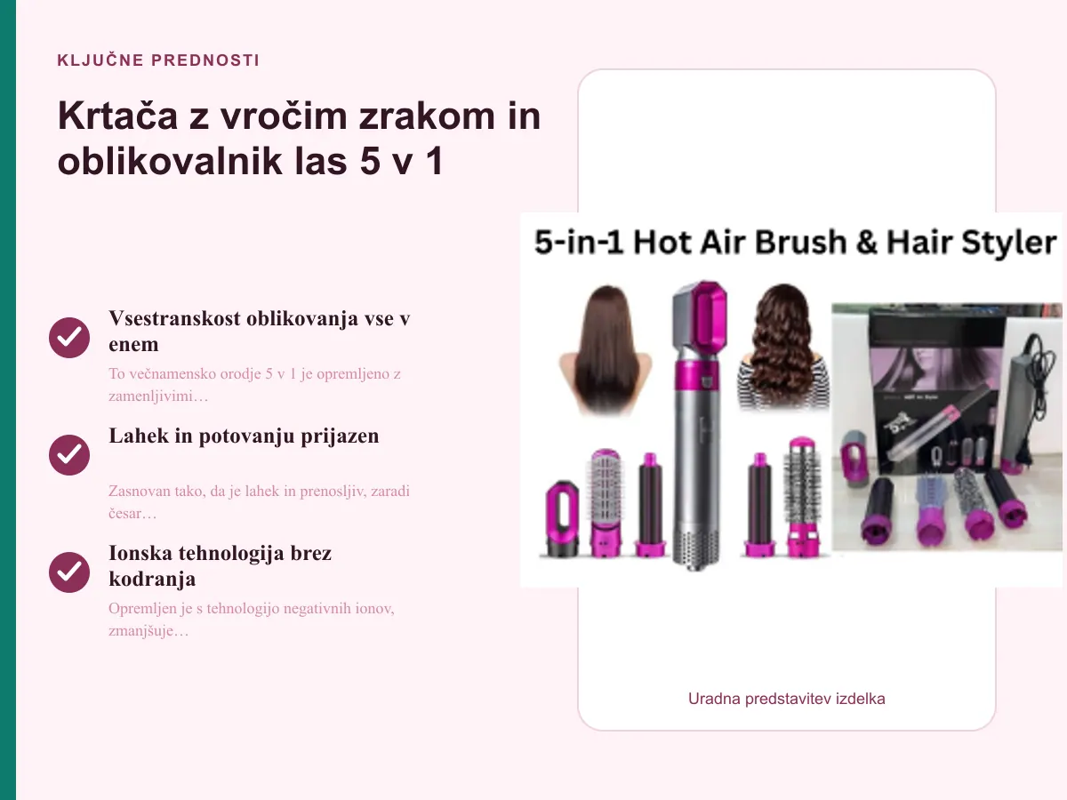 Ključne prednosti: Krtača z vročim zrakom in oblikovalnik las 5 v 1