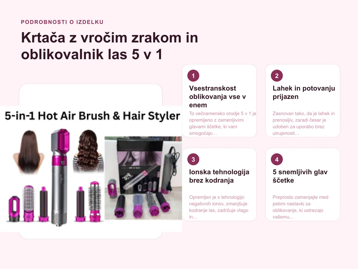 Podrobnosti o izdelku: Krtača z vročim zrakom in oblikovalnik las 5 v 1