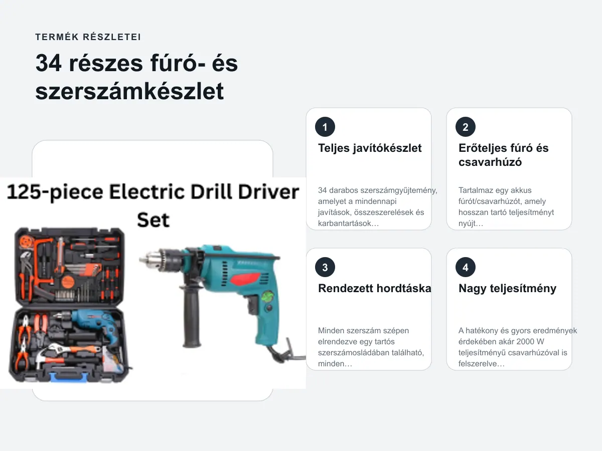 Termék részletei: 34 részes fúró- és szerszámkészlet
