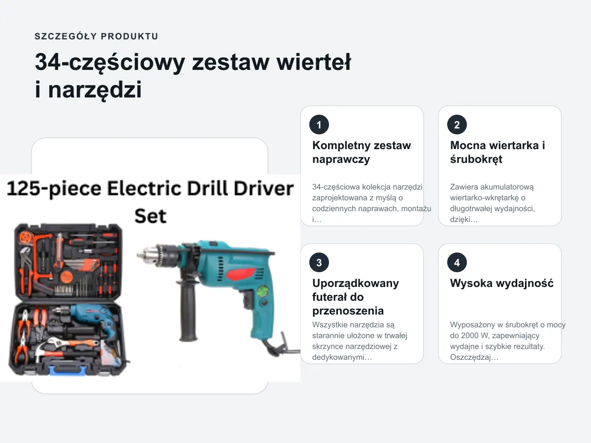 Szczegóły produktu: 34-częściowy zestaw wierteł i narzędzi