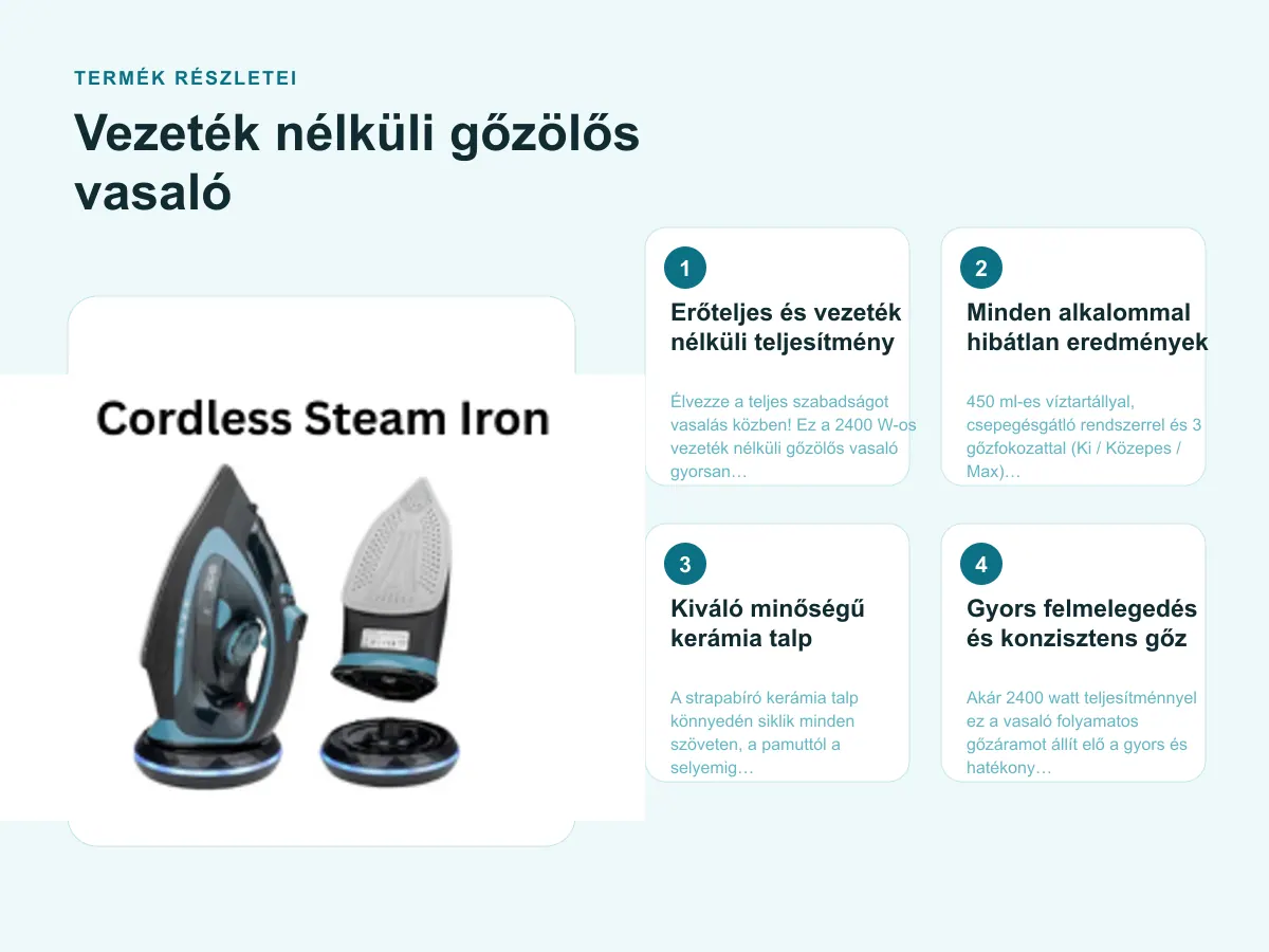 Termék részletei: Vezeték nélküli gőzölős vasaló