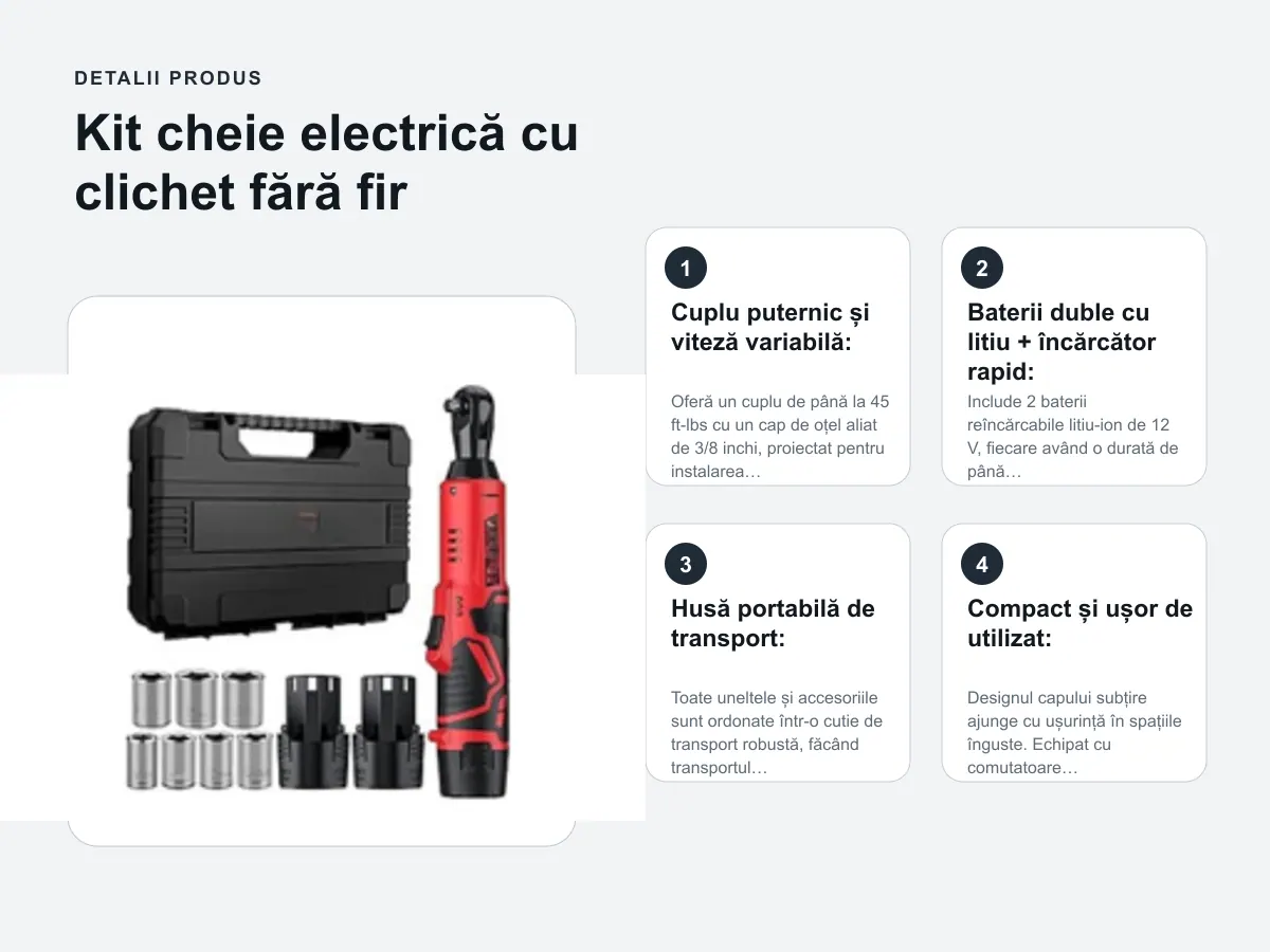 Detalii produs: Kit cheie electrică cu clichet fără fir