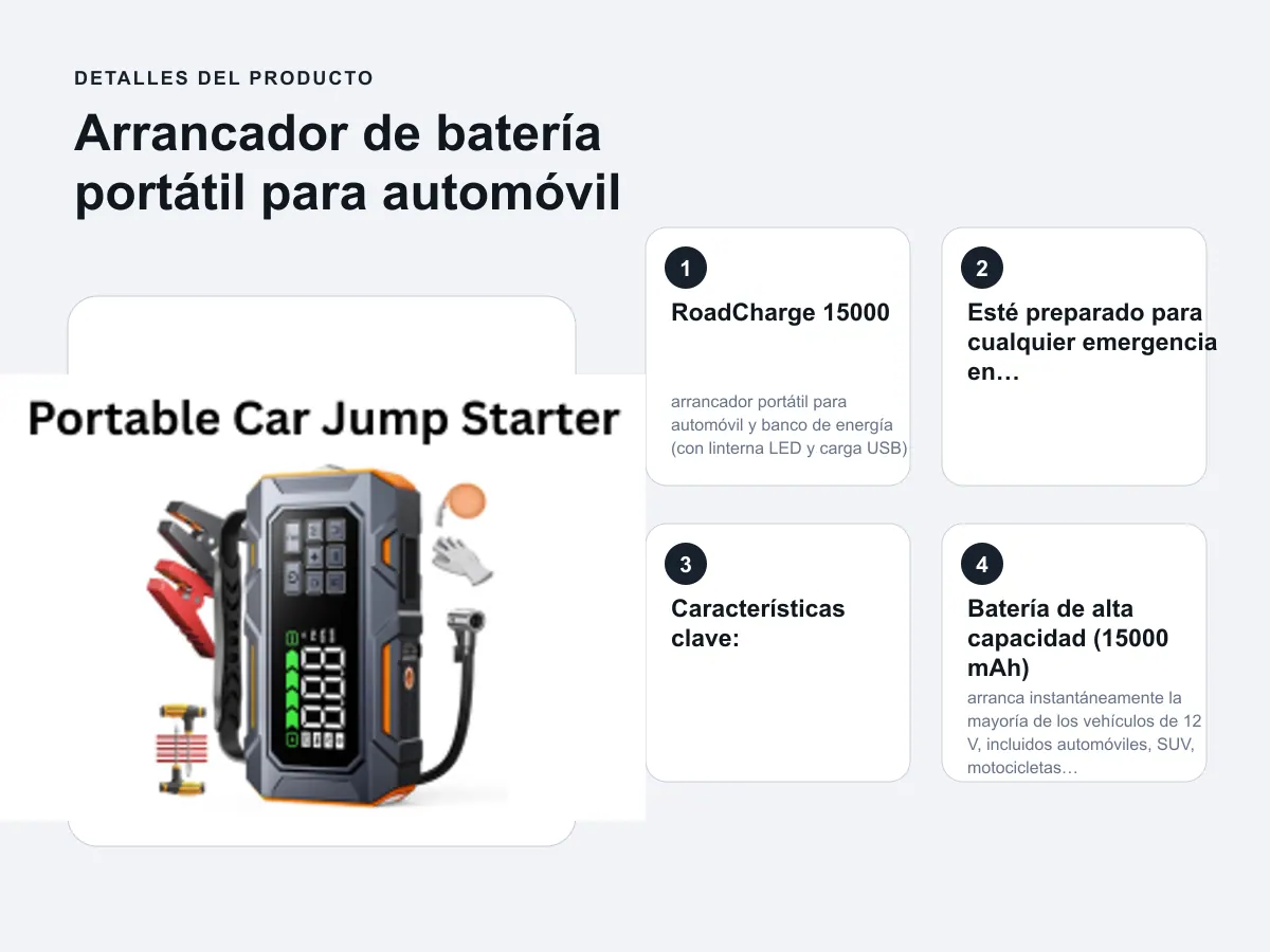 Esté preparado para cualquier emergencia en la carretera con el RoadCharge 15000, un arrancador compacto pero potente diseñado para funcionar con motores de gasolina y diésel. Ya sea que se quede sin batería o necesite un aumento rápido de energía mientras viaja, esta solución todo en uno le ofrece tranquilidad dondequiera que conduzca.