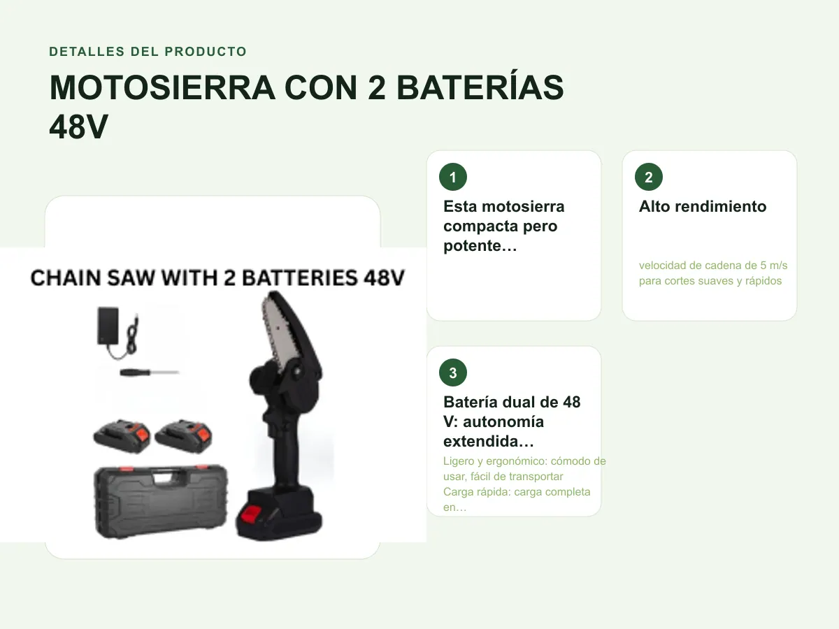 Detalles del producto: MOTOSIERRA CON 2 BATERÍAS 48V