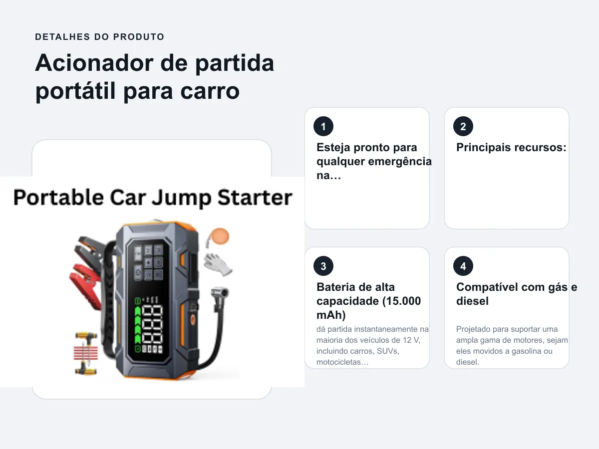 Detalhes do produto: Acionador de partida portátil para carro
