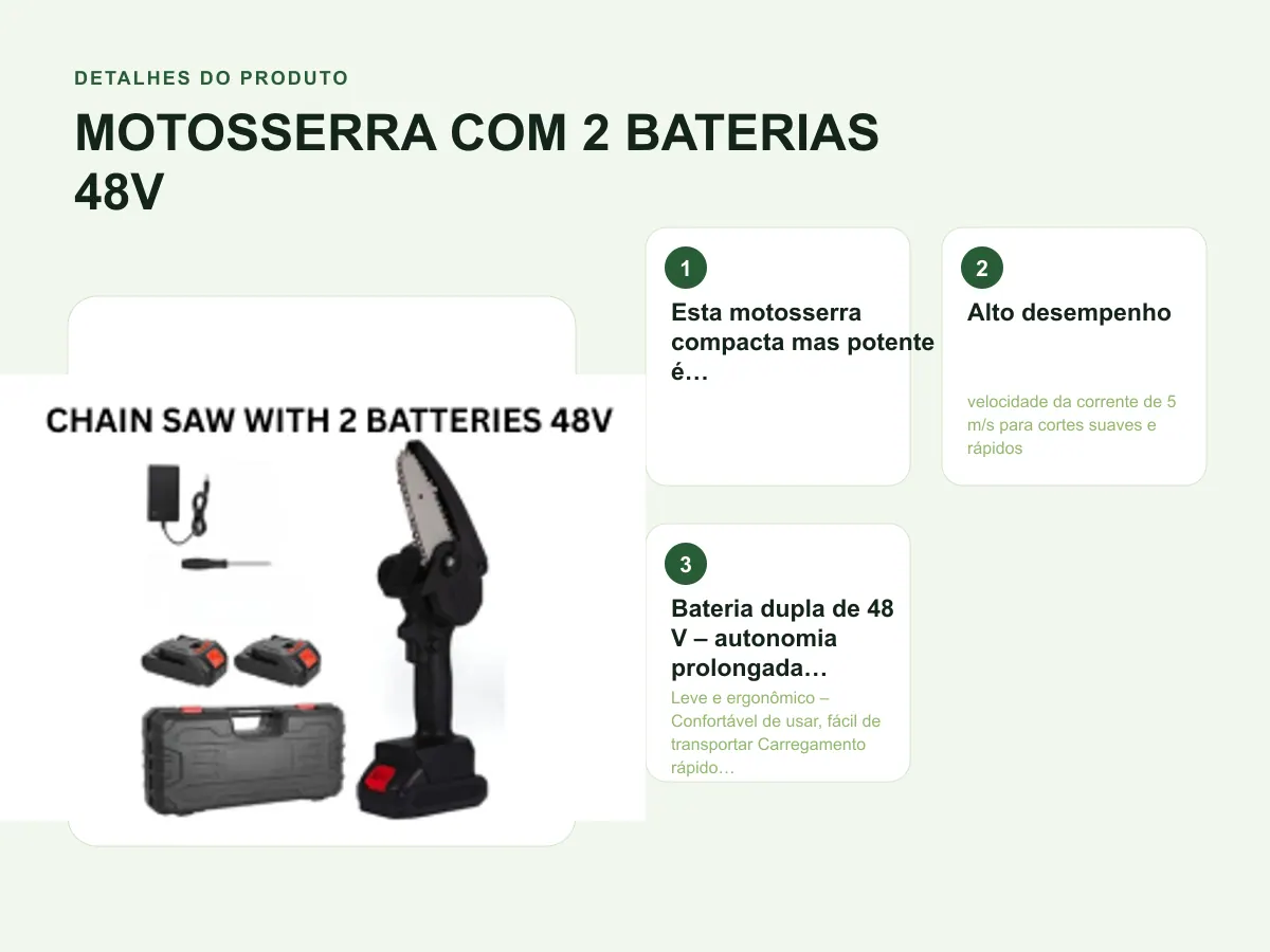 Detalhes do produto: MOTOSSERRA COM 2 BATERIAS 48V