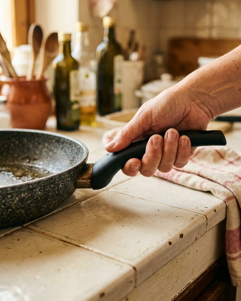 Dettaglio del manico soft touch antiscivolo, resta freddo durante la cottura