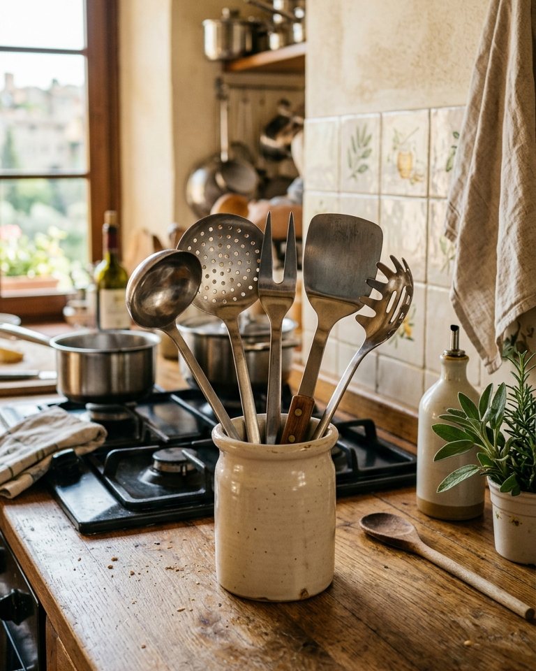 Set di 5 utensili da cucina in acciaio con supporto