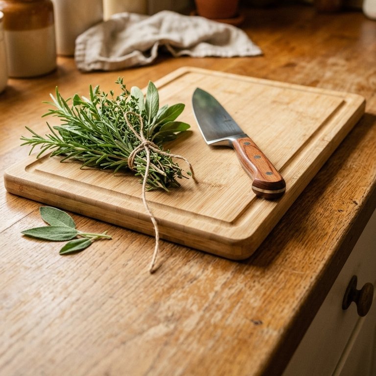 Tagliere in bamboo con erbe fresche e coltello su piano di rovere