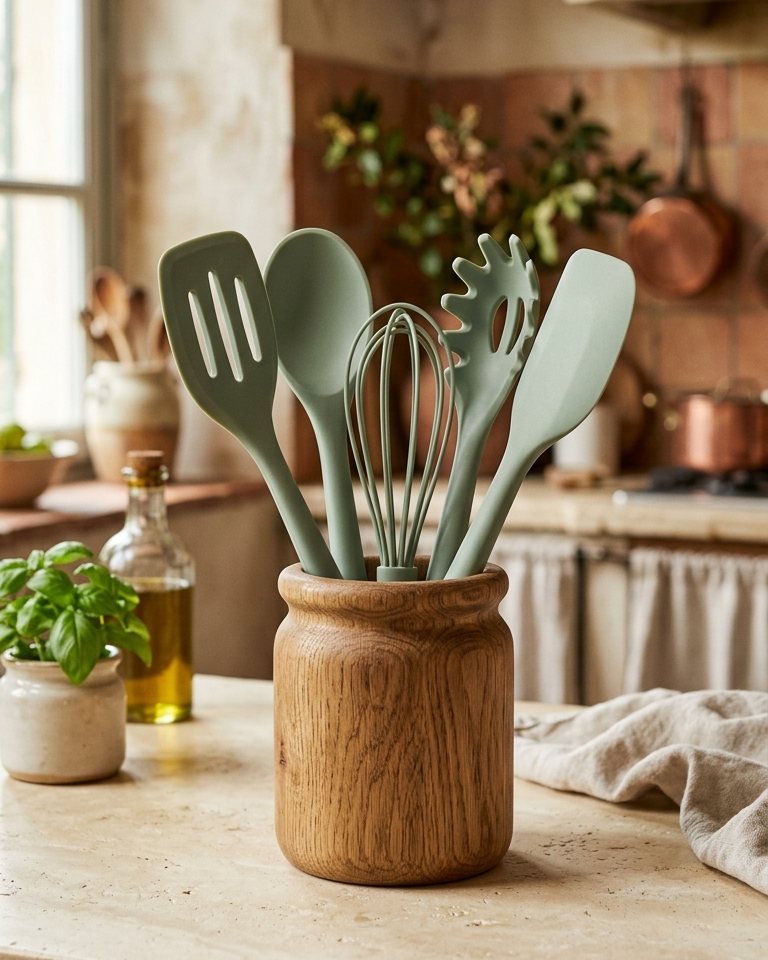 Set 5 utensili da cucina in silicone colore salvia, anti graffio