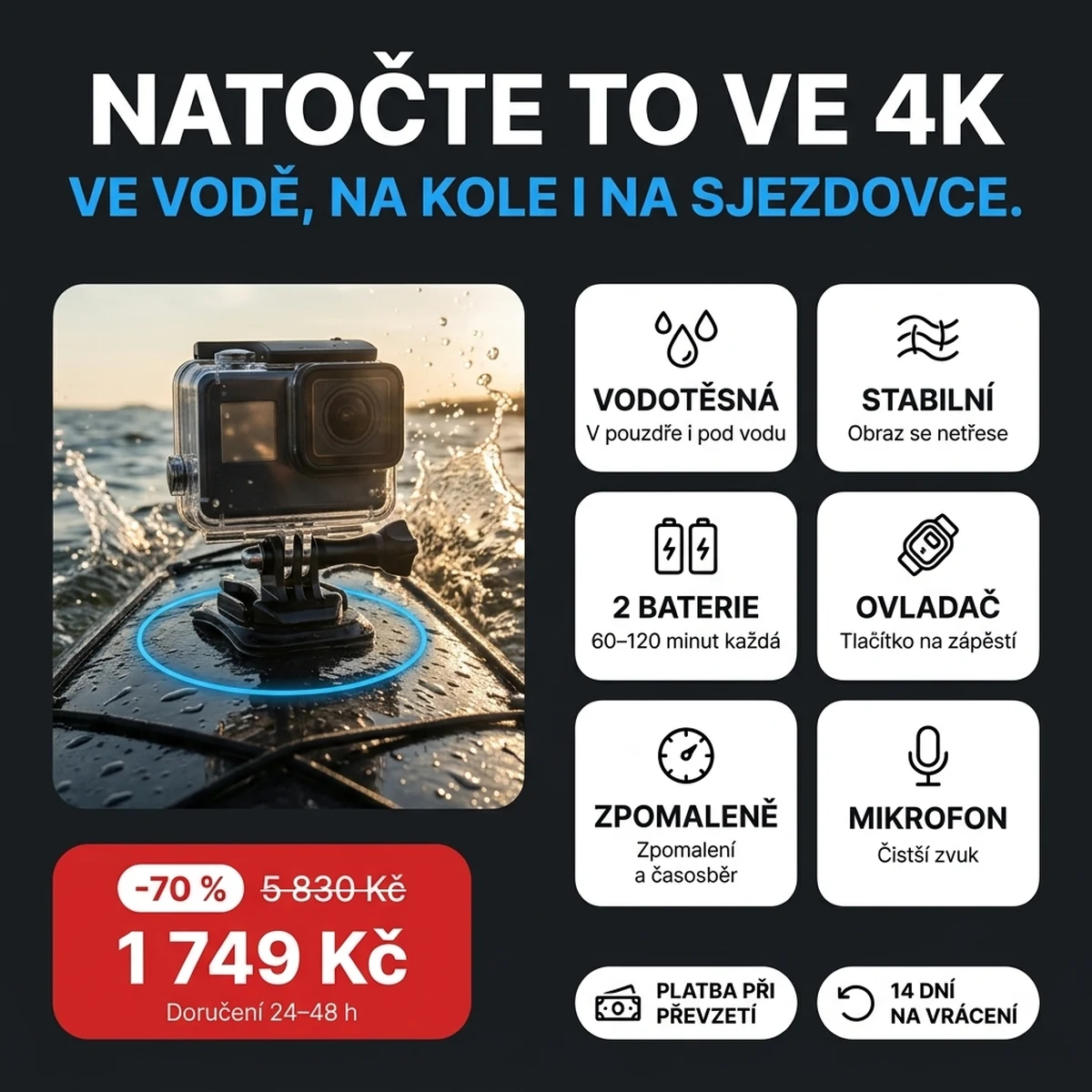 Akční kamera 4K ve vodotěsném pouzdře, na kartách hlavních vlastností