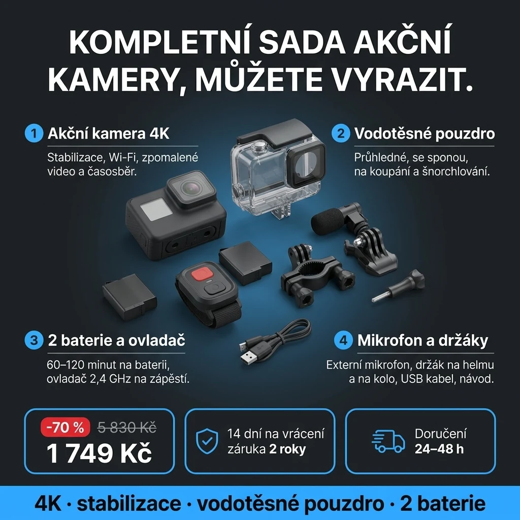 Akční kamera 4K – nabídka: akční kamera 4K, vodotěsné pouzdro, 2 baterie, ovladač a držáky, 1 749 Kč místo 5 830 Kč, platba při převzetí