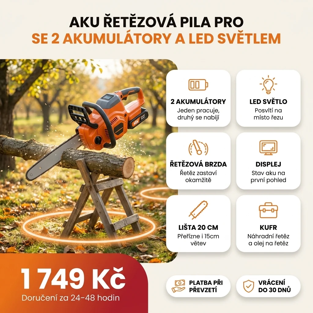 Aku řetězová pila PRO se dvěma akumulátory, LED světlem a displejem na kartách hlavních vlastností