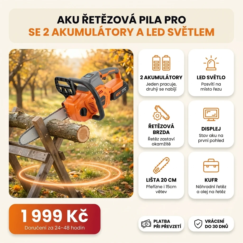 Aku řetězová pila PRO se dvěma akumulátory, LED světlem a displejem na kartách hlavních vlastností