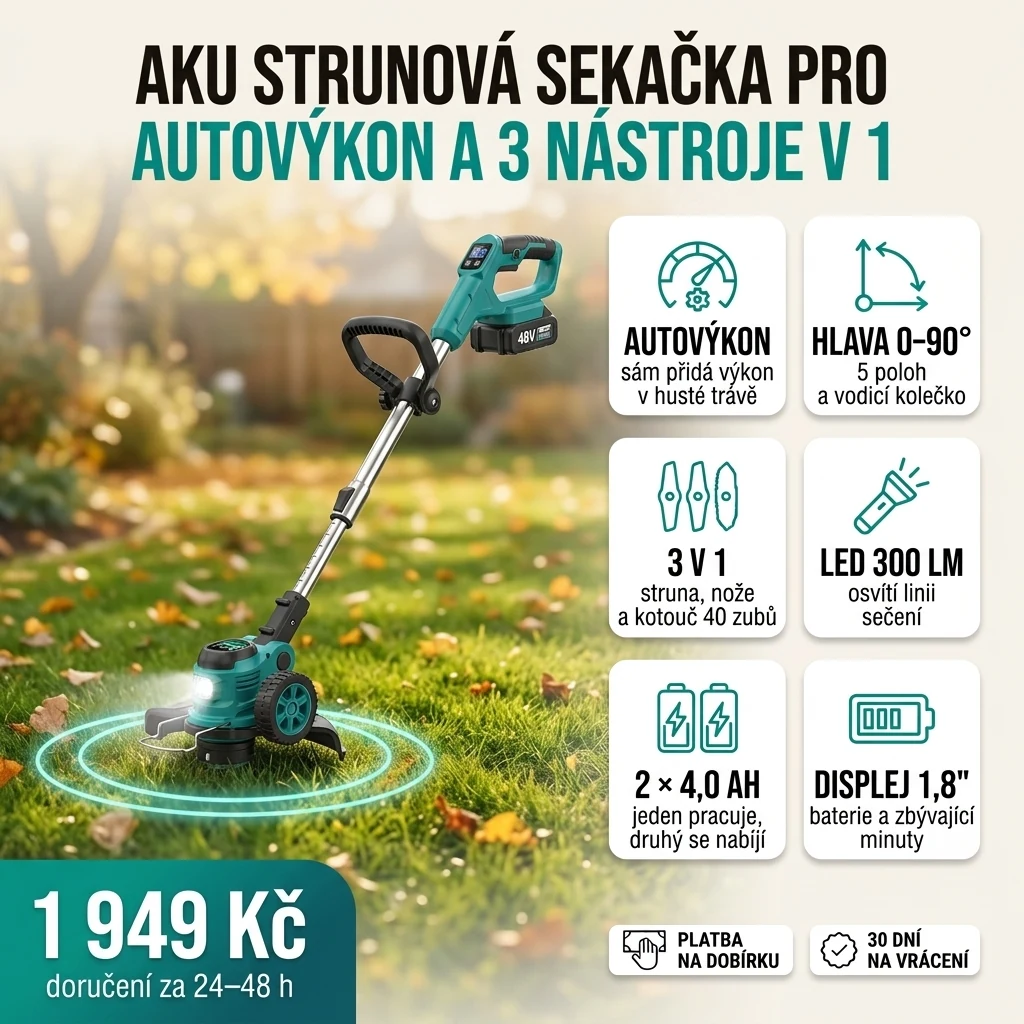 Aku strunová sekačka PRO seká suchou trávu u plotu, vedle ní karty s hlavními funkcemi