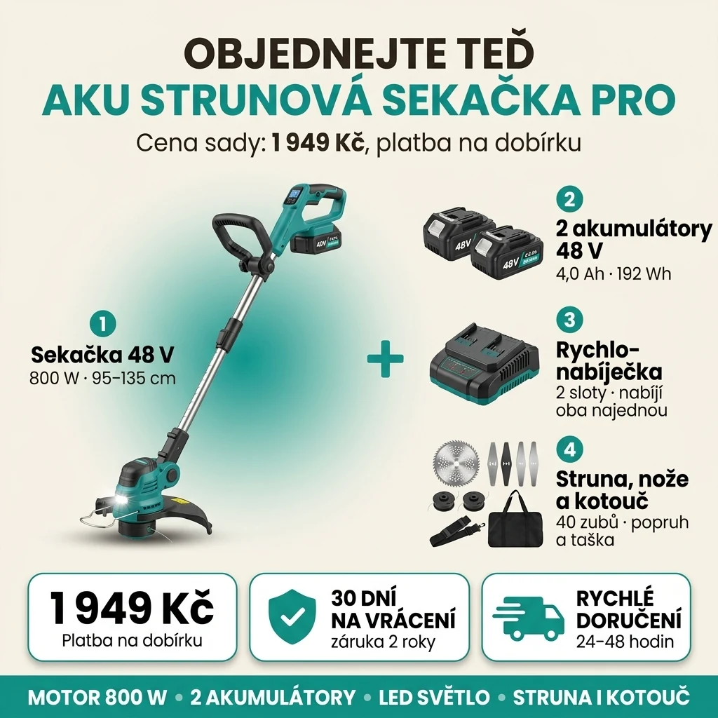 Nabídka Aku strunové sekačky PRO: sekačka 48 V, dva akumulátory, nabíječka, struna, nože a kotouč za 1 949 Kč, platba na dobírku