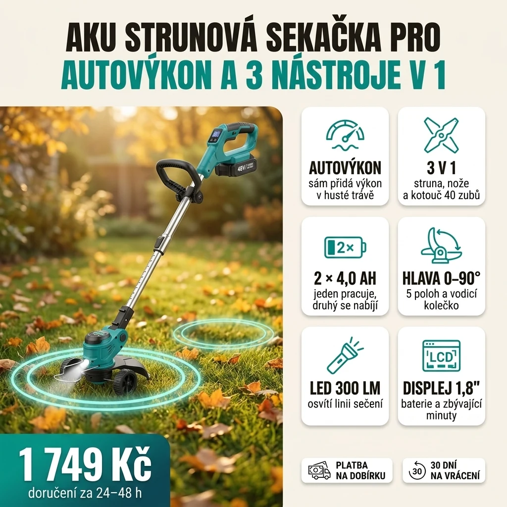 Aku strunová sekačka PRO seká suchou trávu u plotu, vedle ní karty s hlavními funkcemi