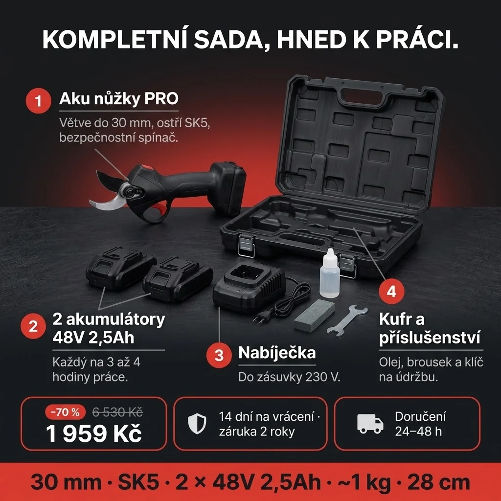 Nabídka Aku zahradních nůžek PRO: nůžky, dva akumulátory, nabíječka a kufr s příslušenstvím, platba při převzetí