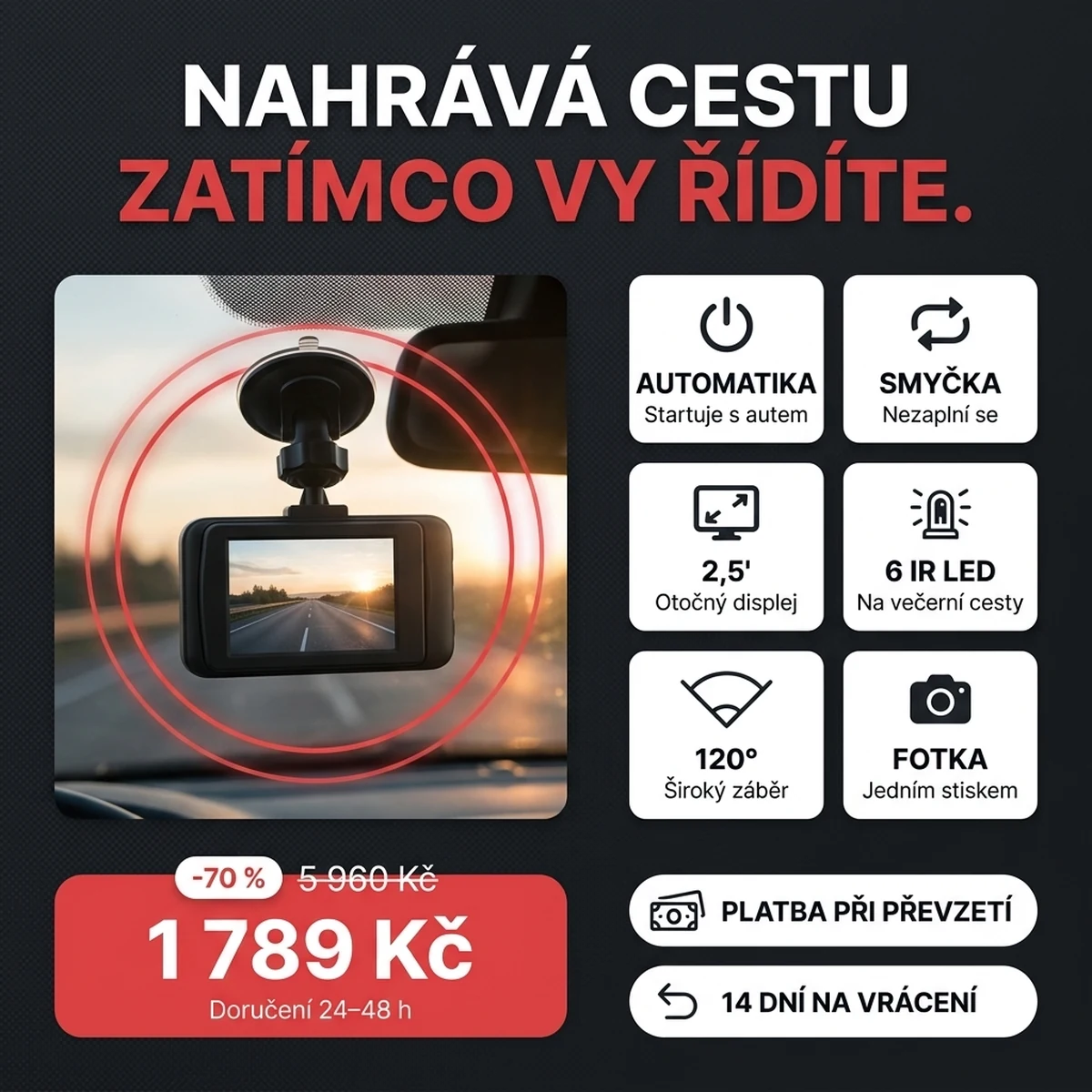 Černá autokamera s otevřeným displejem, na kartách hlavních vlastností